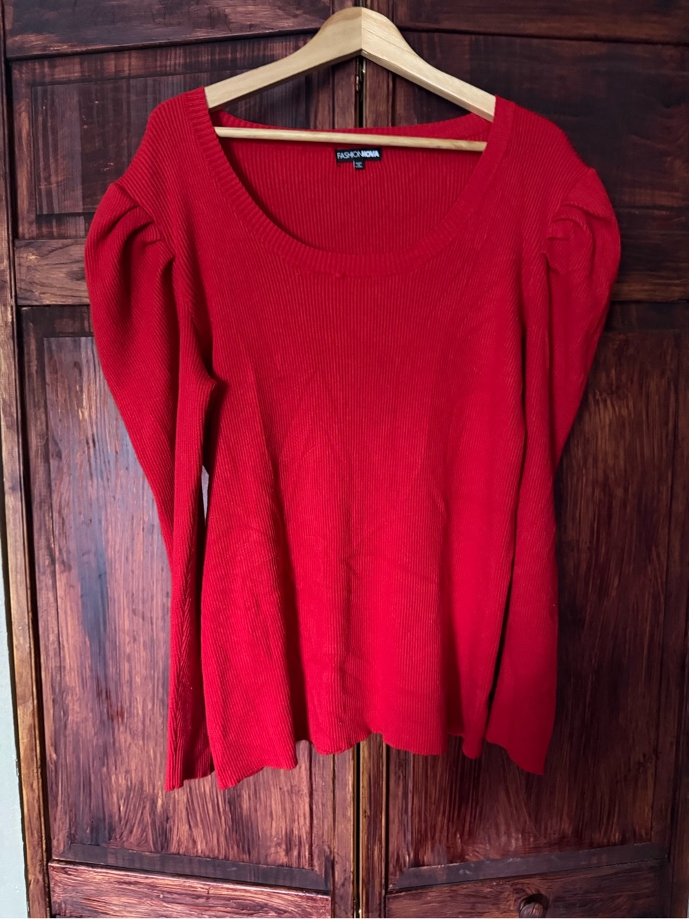 Fashion Nova Red Scoop Neck Ribbed Top with Puff Shoulders